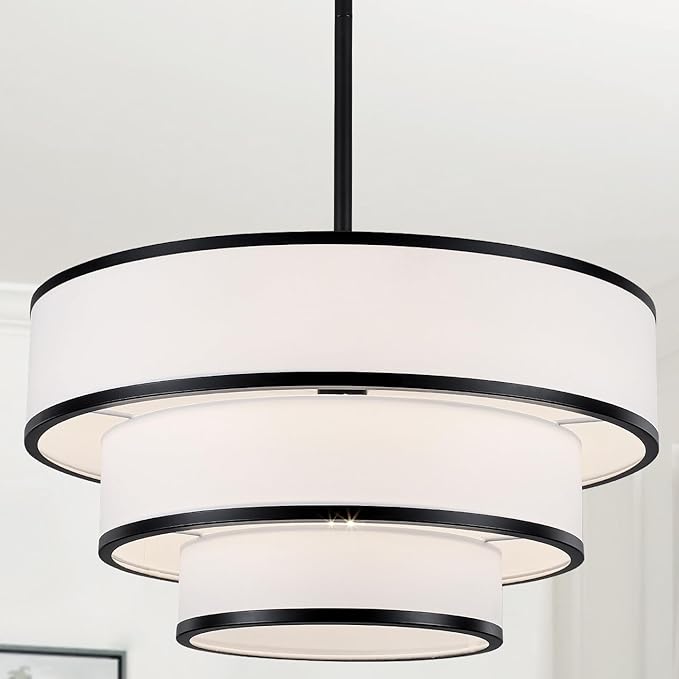 Drum Chandelier for Dining Room, 5-Light Modern Black Chandelier with White Fabric Shade, 20" Hanging Linen Drum Pendant Ceiling Light Fixture for Kitchen Island Bedroom Living Room
