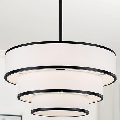 Drum Chandelier for Dining Room, 5-Light Modern Black Chandelier with White Fabric Shade, 20" Hanging Linen Drum Pendant Ceiling Light Fixture for Kitchen Island Bedroom Living Room