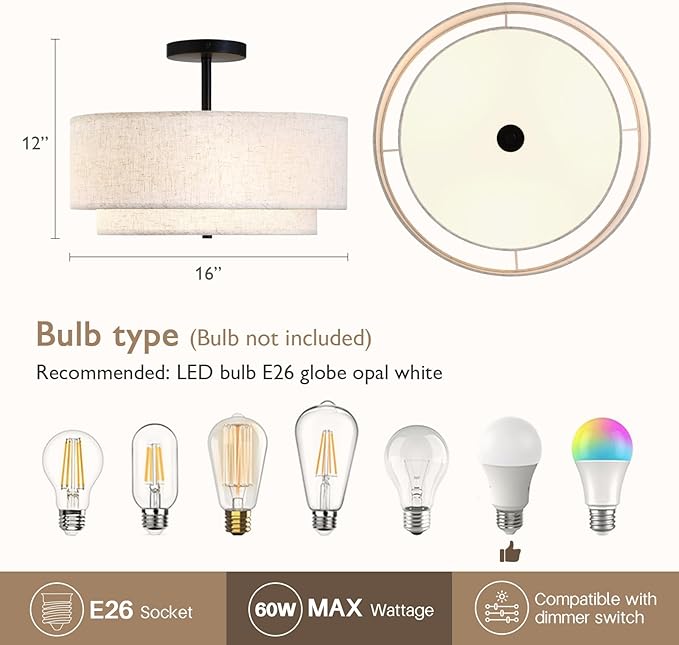 CALOKES 16" Double Drum 3-Light Semi Flush Mount Ceiling Light, Classic Fabric Linen Shade Design for Living Room, Bedroom, Kitchen, Dining Room, Hallway and Entryway