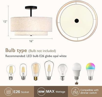 CALOKES 16" Double Drum 3-Light Semi Flush Mount Ceiling Light, Classic Fabric Linen Shade Design for Living Room, Bedroom, Kitchen, Dining Room, Hallway and Entryway