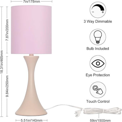 Seaside village Pink Touch Lamp, 3 Way Touch Control Desk Lamp, Bedside Dimmable Lamp Decorative Nightstand Lamp, Small Night Light for Girls, Living Room, Dorm, Home Office, 9W LED Bulb Included