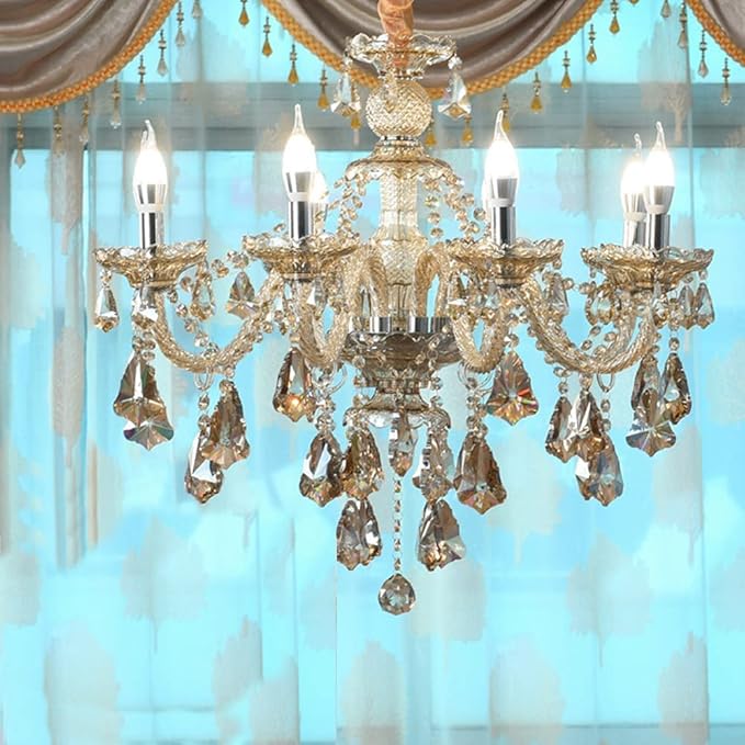Modern K9 Crystal Chandelier Cognac 6 Lights, E12 Base Candle Crystal Pendant Lighting Fixture, Elegant Crystal Ceiling Light for Dinning Living Room Bedroom Hallway (6 Lights)