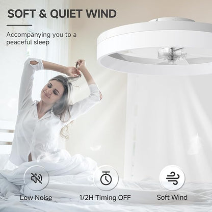 VOLISUN Low Profile Ceiling Fans with Lights and Remote, 19.7in Fandelier Ceiling Fan with Light, 3000K-6500K Dimmable Bladeless LED Fan Light, White Flush Mount Ceiling Fans with Lights for Bedroom