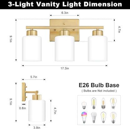 FonmYim Gold Bathroom Light Fixtures, 3-Light Modern Vanity Light Over Mirror, Wall Sconces with Milky White Frosted Glass Shades, E26 Socket (Bulbs Not Included)