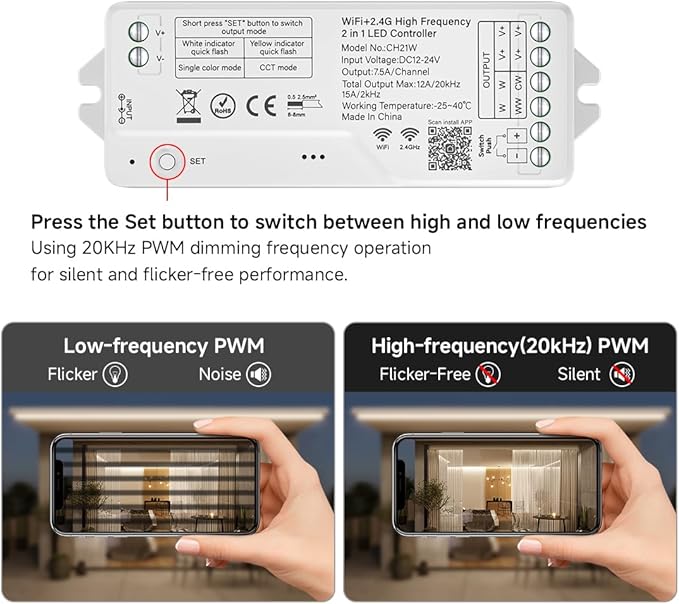 BTF-LIGHTING CH21W WiFi Bluetooth Smart LED Controller 20kHz High Frequency PWM Dimmer for No Flicker No Buzzing Single Color & CCT LED Strips Works with Alexa Google Home Smart Life App (No Remote)
