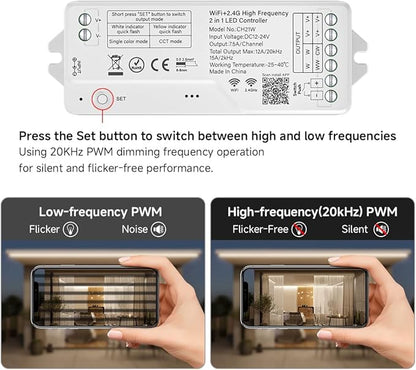 BTF-LIGHTING CH21W WiFi Bluetooth Smart LED Controller 20kHz High Frequency PWM Dimmer for No Flicker No Buzzing Single Color & CCT LED Strips Works with Alexa Google Home Smart Life App (No Remote)
