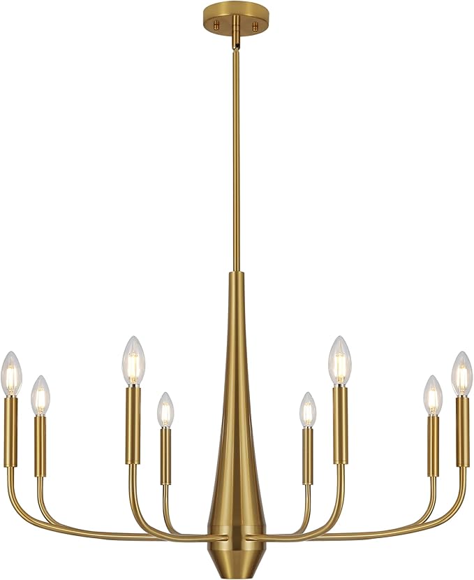 ACNKTZ Gold Chandeliers for Dining Room, 8-Light Modern Farmhouse Metal Chandelier, Brushed Brass Vintage Candle Lighting Hanging Ceiling for Kitchen Island Living Room Foyer Bedroom