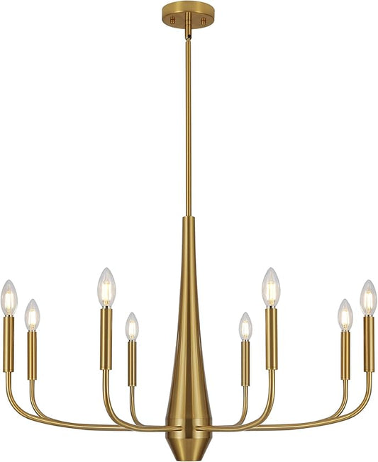 ACNKTZ Gold Chandeliers for Dining Room, 8-Light Modern Farmhouse Metal Chandelier, Brushed Brass Vintage Candle Lighting Hanging Ceiling for Kitchen Island Living Room Foyer Bedroom