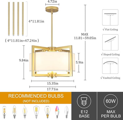 4-Light Modern Chandelier for Dining Room, 18'' Drum Pendant Light Fixture Chandelier with Fabric Shade, Farmhouse Chandeliers Hanging Lighting Fixtures for Foyer Entryway Living Room, Gold