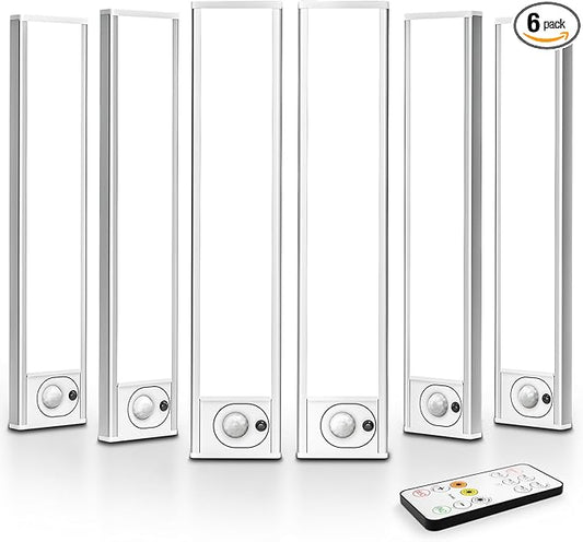 6Pack 7.8inch Under Cabinet Lighting, Rechargeable Motion Sensor Light Wireless Indoor, Dimmable 3 Color Temps Closet Lights with Remote, Under Counter Lights for Kitchen, Stairs, Bookshelf