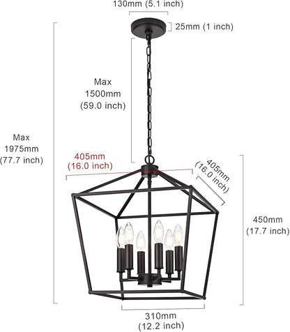 MELUCEE 16 Inches Farmhouse Chandelier 6-Light Oil Rubbed Bronze Cage Hanging Lights Rustic Lantern Pendant Lighting for Kitchen Island Dining Room Foyer Hallway, E12 Base