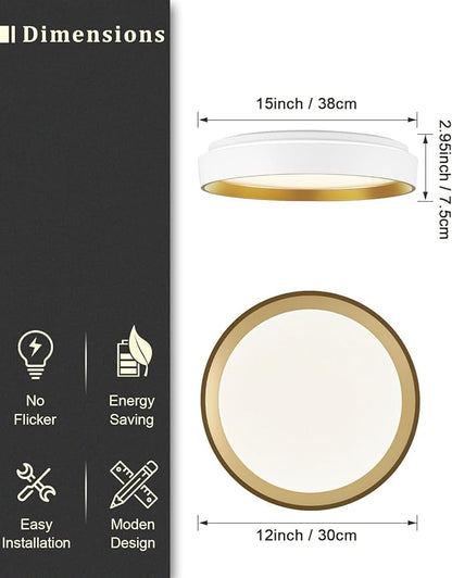ANYLOVE 10 Inch Modern Flush Mount Ceiling Lights,White Gold Plastic Round Ceiling Light,Dimmable 3000K,3500K,4000K,5000K,6000K,for Living Room,Dining Room,Bedroom,Kitchen (White and Gold, 15 Inch)
