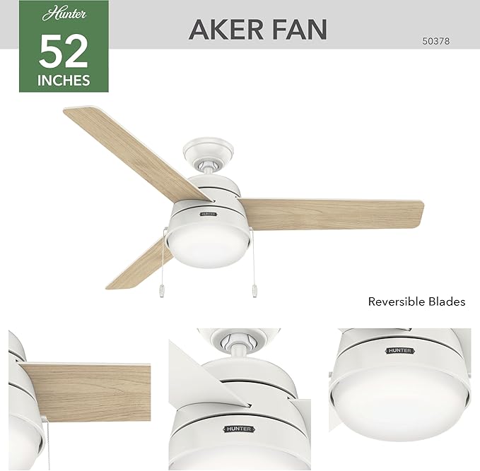 Hunter 52 inch Indoor Ceiling Fan with LED Light and Pull Chain - White Modern Ceiling Fan, Standard Mount, 3 Blades, For Bedroom, Living Room, or Kitchen, Quiet - Aker 50378, Fresh White
