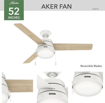 Hunter 52 inch Indoor Ceiling Fan with LED Light and Pull Chain - White Modern Ceiling Fan, Standard Mount, 3 Blades, For Bedroom, Living Room, or Kitchen, Quiet - Aker 50378, Fresh White