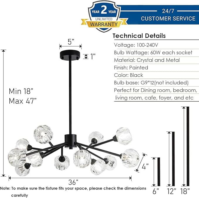 Weesalife Sputnik Chandeliers for Dining Room Light Fixture Over Table, Modern Crystal Chandeliers, 12 Lights Black Lighting Fixtures for Living Room Bedroom Kitchen Island Bar