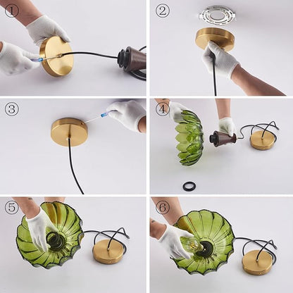 YLONG-ZS Glass Pendant Light,Pendant Lights Kitchen Island,Modern Green Glass Flower Pendant Light, Walnut Wood Vintage Kitchen Hanging Lights for Kitchen Island Dining Room Living Room Bedroom Hotel