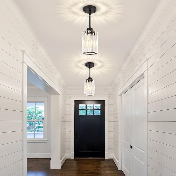 2 Pack Black Pendant Lights Kitchen Island, Modern Crystal Kitchen Pendant Lighting Over Island Dining Room Light Fixtures Adjustable Hanging Pendant Light for Bathroom Hallway Entryway Foyer Bedroom