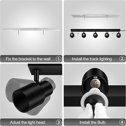 Plug in Track Lighting, 30" LED Track Light Fixtures Ceiling, Black 5 Way Ceiling Lights for Kitchen, 15FT Cord, Rotatable Light Head, Rocker Switch, Plug Spotlight for Bedroom Hallway(GU10, NO Bulb)