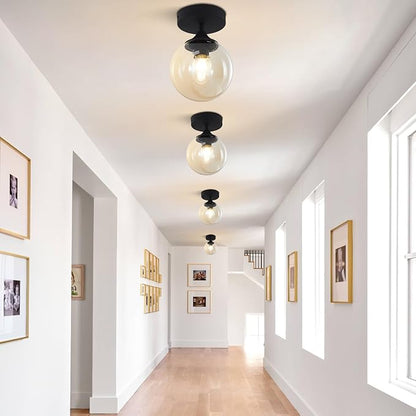 KCO Lighting Black Globe Semi Flush Mount Ceiling Light Modern Light Fixture Amber Glass Ceiling Light Rustic Bedroom Close to Ceiling Light Mid Century Modern Overhead Light