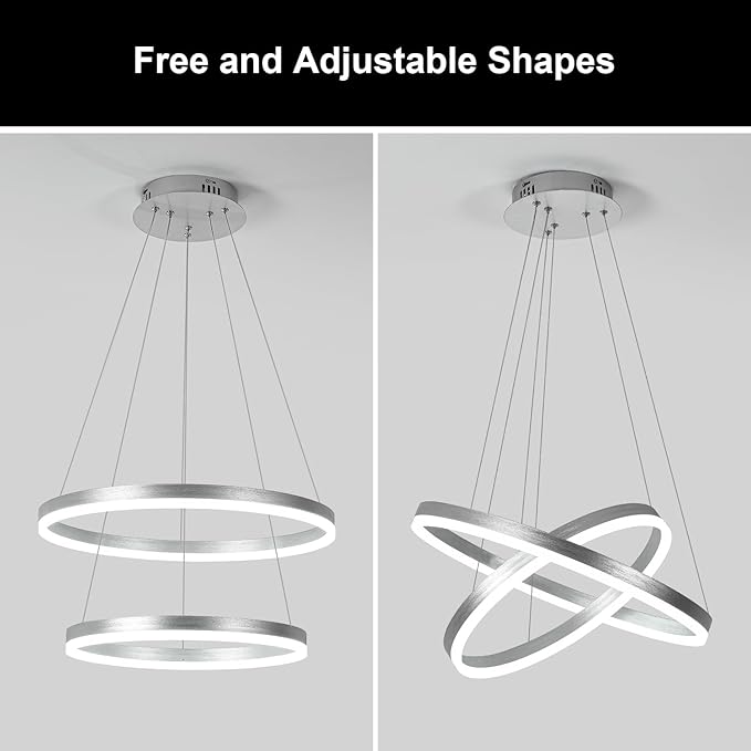 2-Rings Modern LED Chandelier Silver for Dining Room, Dimmable Pendant Lighting with Remote Control Circular Flush Mount High Ceiling Light for Bedroom Living Room Foyer, 3000K-6500K