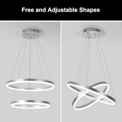 2-Rings Modern LED Chandelier Silver for Dining Room, Dimmable Pendant Lighting with Remote Control Circular Flush Mount High Ceiling Light for Bedroom Living Room Foyer, 3000K-6500K