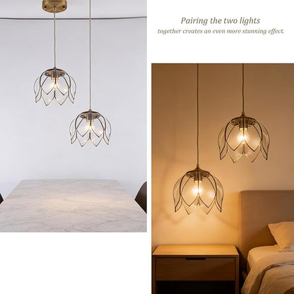 Brass Glass Ceiling Tiffany Pendant Light, Hanging Chain lamp, with Vintage Lotus Flower Glass Shade for Kitchen Island Dining Room Bedroom Living Room-9.25" Clear Shade