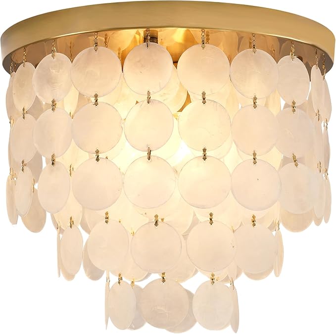 Capiz Shell Chandelier with 3 Tier Shell H12.3'' x D13.8'' Gold Metal Light Fixtures Flush Mount Chandeliers Modern Lighting Fixture for Bedroom Bathroom Office,(More Additional Shell Parts Included)