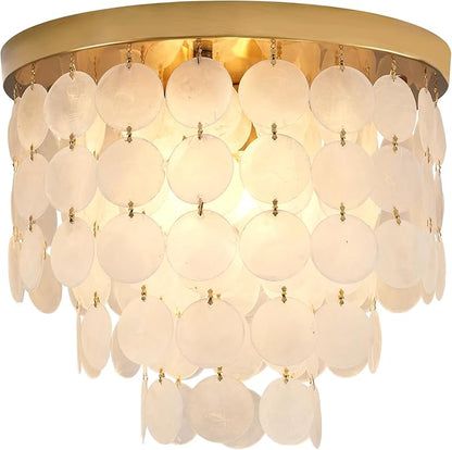 Capiz Shell Chandelier with 3 Tier Shell H12.3'' x D13.8'' Gold Metal Light Fixtures Flush Mount Chandeliers Modern Lighting Fixture for Bedroom Bathroom Office,(More Additional Shell Parts Included)