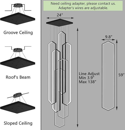 6 Rings Black Modern Long Large Chandelier Dimmable LED High Ceiling Chandelier for Living Room Foyer Staircase Enterway Hanging Light Fixture Modern Ceiling Light
