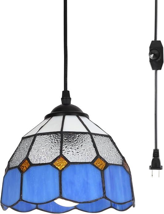 HuisMier Tiffany Style Plug in Pendant Light, Dimmable Small Hanging Lights with 15 Ft Plug in Cord, Vintage Stained Glass Swag Lamp for Dining Room Bedroom Living Room Porch, 7.9" Width