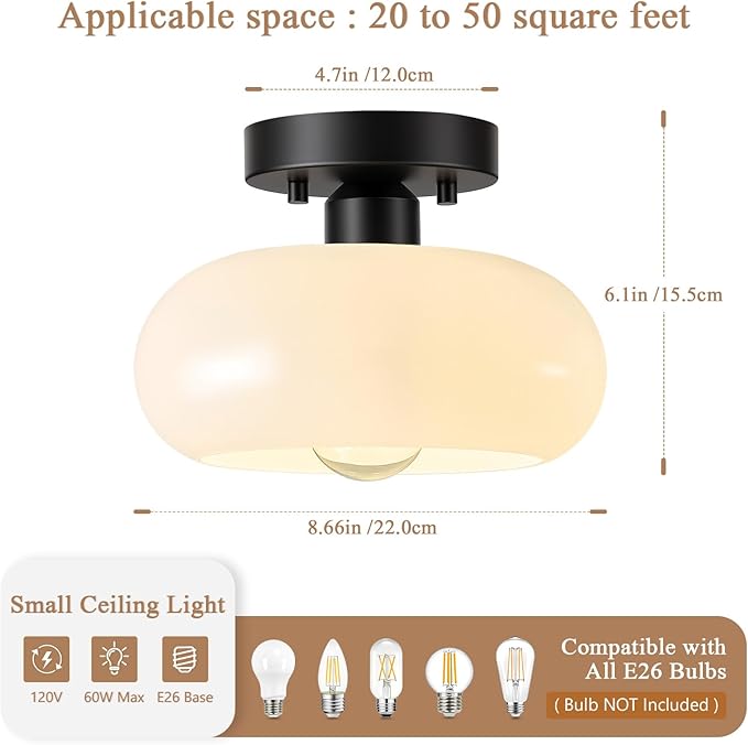 Mid-Century Modern Black Semi Flush Mount Ceiling Light,White Glass Dome Hallway Lighting Fixtures, Metal Close to Ceiling Lamp for Entryway Bathroom Kitchen Bedroom Porch Foyer Office(8.66 Inch)