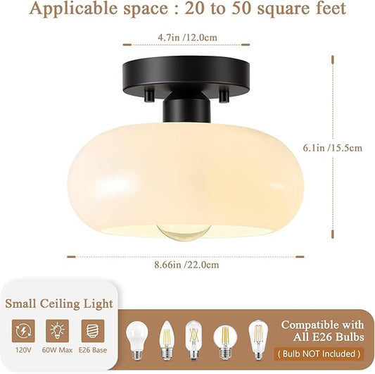 Mid-Century Modern Black Semi Flush Mount Ceiling Light,White Glass Dome Hallway Lighting Fixtures, Metal Close to Ceiling Lamp for Entryway Bathroom Kitchen Bedroom Porch Foyer Office(8.66 Inch)