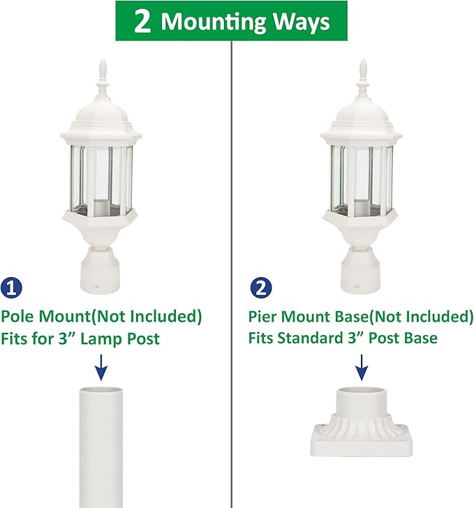 LIT-PaTH Outdoor Post Lighting Fixture Pole Lantern, E26 Medium Base Max 60W, Aluminum Housing Plus Glass, 2-Pack, White Finish