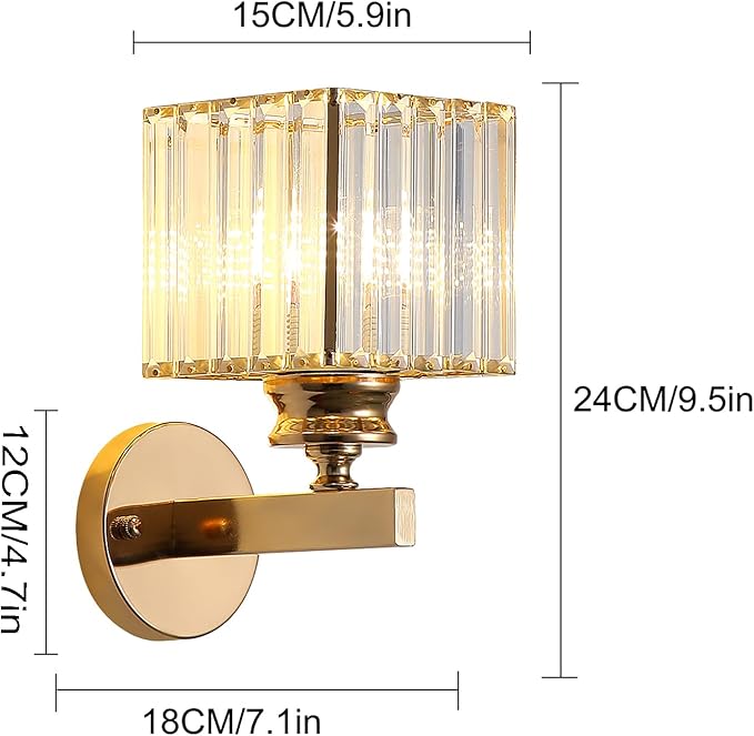 Hardwired Crystal Wall Sconces, Modern E27 Wall Lights, Gold Square Finish Wall Lamp for Living Room Bedroom Dining Room Hallway Entryway (Gold Square)