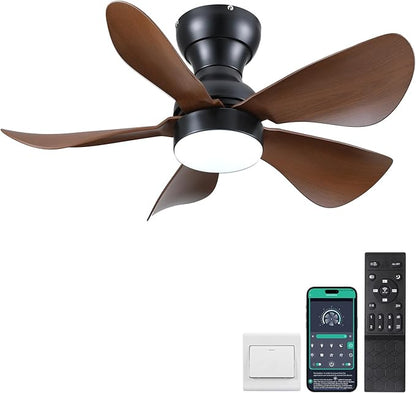 Kviflon Ceiling Fans with Lights and Remote/APP Control, 30 inch Low Profile Ceiling Fans with 5 Reversible Blades 3 Colors Dimmable 6 Speeds Ceiling Fan for Bedroom Dining Room, Wood Color