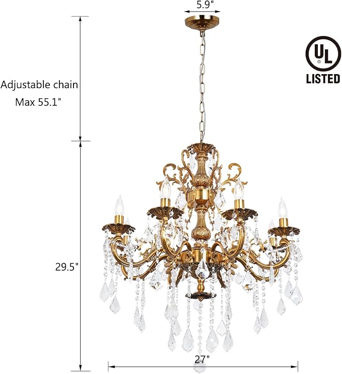 Antique Gold Crystal Chandelier Lighting 8-Light Contemporary Chandeliers Classic Crystal Candle Island Lighting Dining Room Foyer Entrance Light Fixture 27"