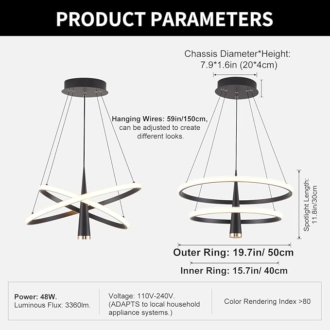 ORANOOR Modern LED Chandelier, Dimmable 20in Black Kitchen Pendant Light Fixture Dining Room Lights Ceiling Hanging, 2 Ring Round Chandeliers for Bedroom Living Room Staircase Over Table (3360lm)