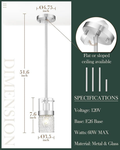 LMS Brushed Nickel Pendant Lights Kitchen Island 2 Pack, Modern Glass Pendant Light Fixtures with Hammered Glass, Adjustable Mini Hanging Light for Kitchen Island Sink Bathroom, LMS-171BN2