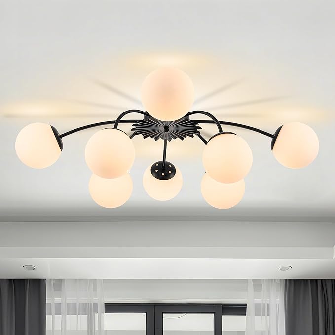 Longree 8-Light Black and White Sputnik Chandelier Flush Mount Ceiling Light with Blossom Accent, Mid Century Opal Glass Globe Bubble Chandeliers for Dining Hallway Living Entry Room