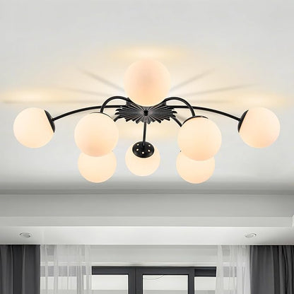 Longree 8-Light Black and White Sputnik Chandelier Flush Mount Ceiling Light with Blossom Accent, Mid Century Opal Glass Globe Bubble Chandeliers for Dining Hallway Living Entry Room