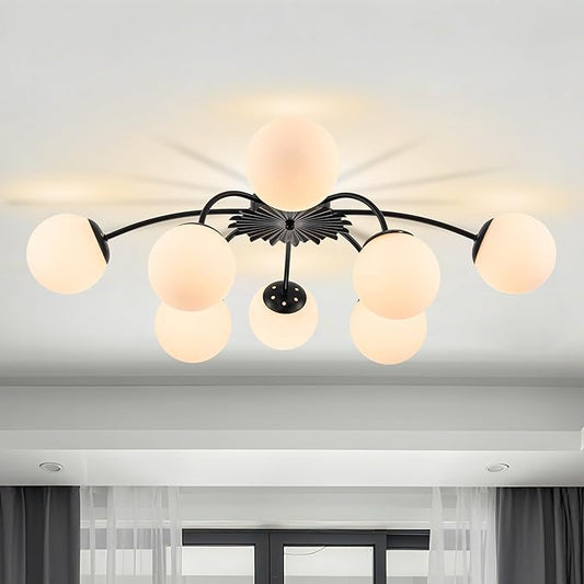 Longree 8-Light Black and White Sputnik Chandelier Flush Mount Ceiling Light with Blossom Accent, Mid Century Opal Glass Globe Bubble Chandeliers for Dining Hallway Living Entry Room