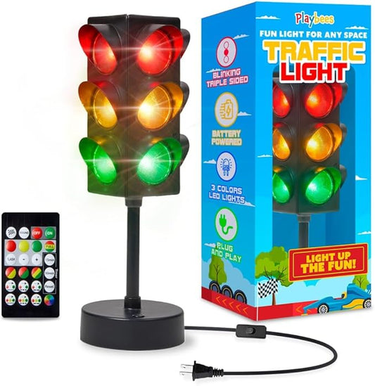 Playbees Mini Traffic Light Lamp with Base 11 inches Vibrant Decoration Working with Batteries or USB-C Traffic Light Blinking Modes Decoration for Bedrooms Stop Sign Room Decor