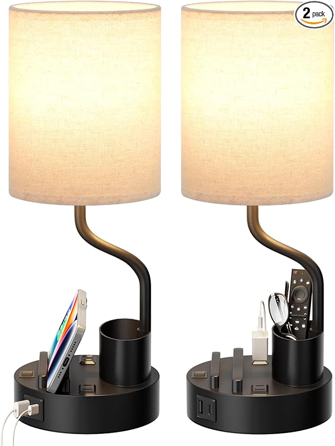 Bedside Table Lamps for Bedroom Set of 2 - Nightstand Light with AC Outlet and USB A & C for Charging, 3 Color Temperatures, Study Desk Lamp with Pen Holder & Phone Stand for Living Room/Dorm/Office