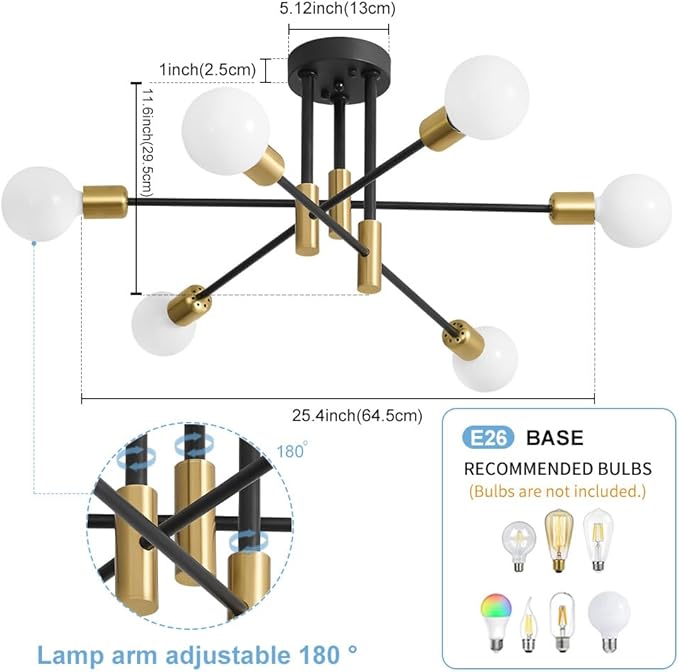 Biewalk Modern Chandelier Ceiling Light Fixture, 6-Light Sputnik Dining Chandeliers 31.18" Gold and Black Chandelier Over Table, Mid Century Lights Fixture for Dining Room Living Room Kitchen Island