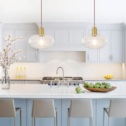 Lxybcce Mid Century Gold Pendant Light, Modern Globe Pendant Lights Kitchen Island, Minimalist Ribbed Island Light with Clear Glass, Adjustable Hanging Light Ceiling Hanging Lamp for Dining Room
