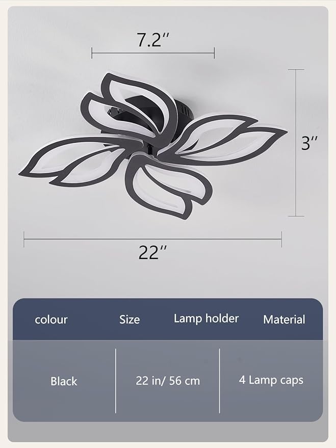 22" Modern Black Flower Dimmable LED Ceiling Light Fixtures, Geometric Low Profile Flush Mount Ceiling Light for Bedroom, Kitchen, Living Room