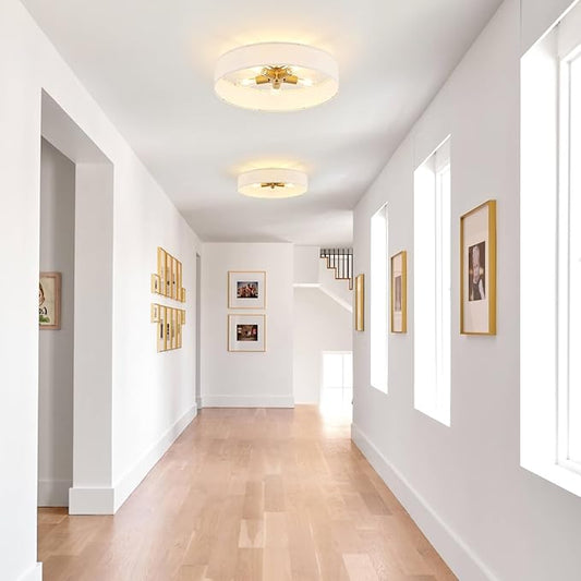 VILUXY Gold Semi-Flush Mount Ceiling Light Fixture with 24" Large White Fabric Drum Shade 5-Light for Bedroom Dining Room Entryway Round Ceiling Lamps