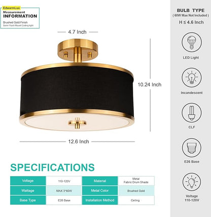 Edwarmlux 3-Light Semi Flush Mount Ceiling Light Fixture, 12.6" Gold Drum Light with Black Fabric Shade, Modern Close to Ceiling Light for Living Room Bedroom Dining Room Kitchen Hallway Entry Foyer