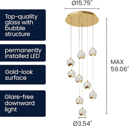 9-Light Modern Gold Glass Globe Chandelier, Hanging Cluster Pendant Light Kitchen Island & Foyer Chandelier, Warm White 3000K, 2610 Lm, LED Modern Chandelier, Ø 15.7 in