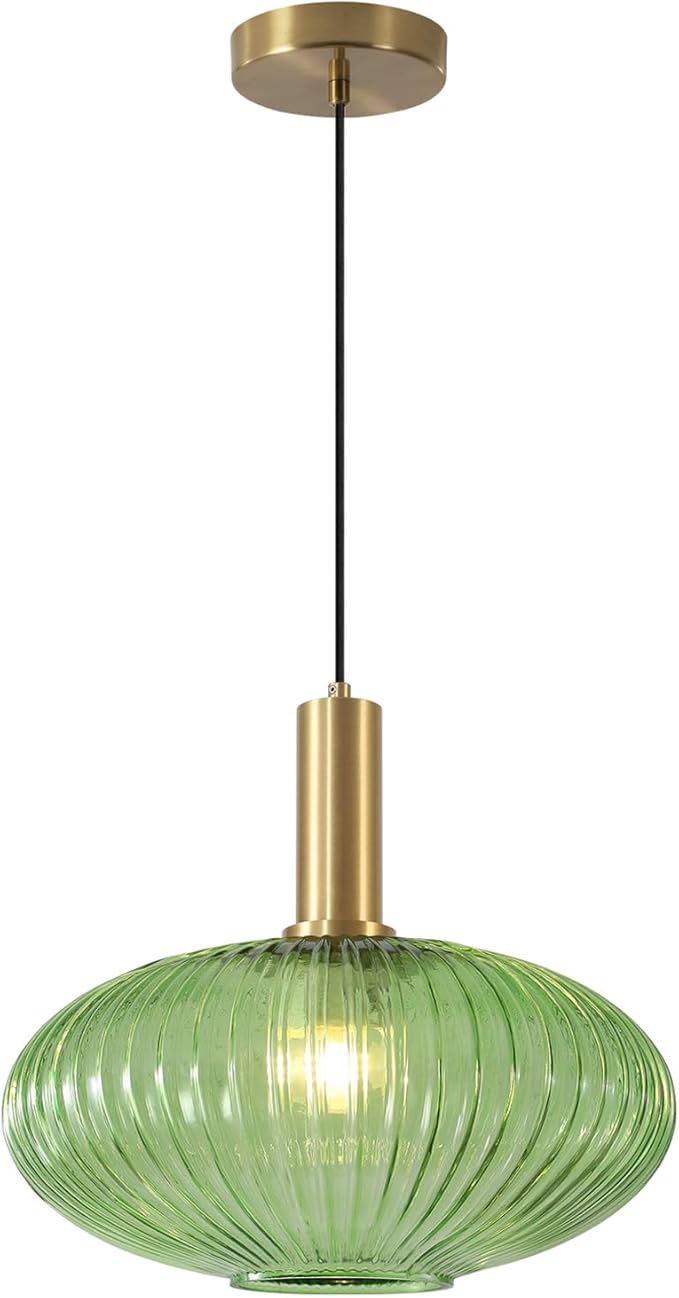 KCO Lighting 11.8'' Modern Gold Globe Pendant Light Black Green Glass Bathroom Fixture Adjustable Brass Round Lights Kitchen Island Large Farmhouse Ceiling (L1143-G)